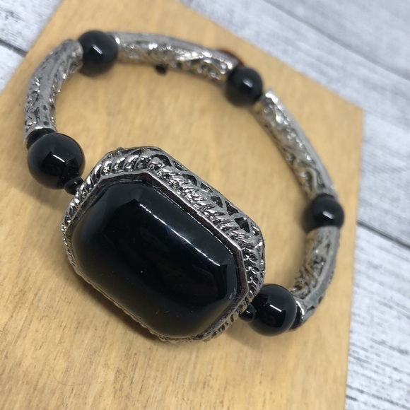 Antique silver tone faux opal stretch bracelet statement - Picture 2 of 4